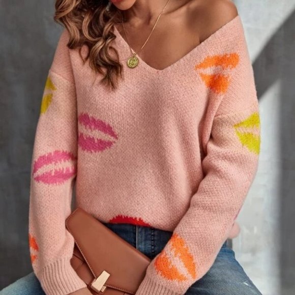 Lip Print v-neck lip Sweater top preppy contemporary Casual - Picture 2 of 7